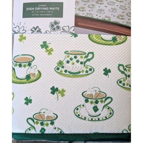 St Patrick's Day Dish Drying Mats Teacups Lucky Green Clover 2-Pc Holiday Gift - Picture 3 of 4